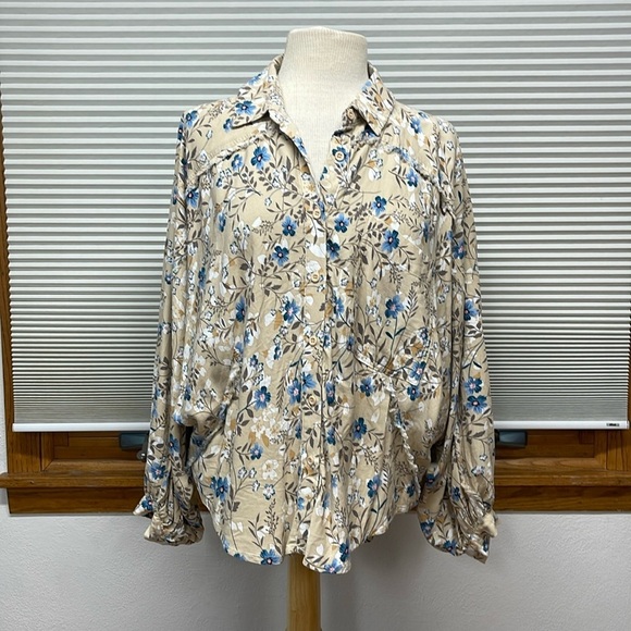 Fate Tan Blue Flower Print Oversized Boho Long Sleeve Button Down Shirt - Picture 2 of 12